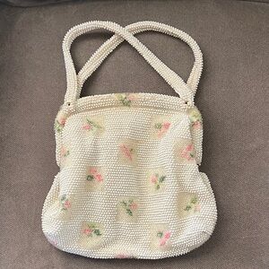 Vintage Beaded Floral Handbag White Seed Bead Purse Top Handle Evening Bag
